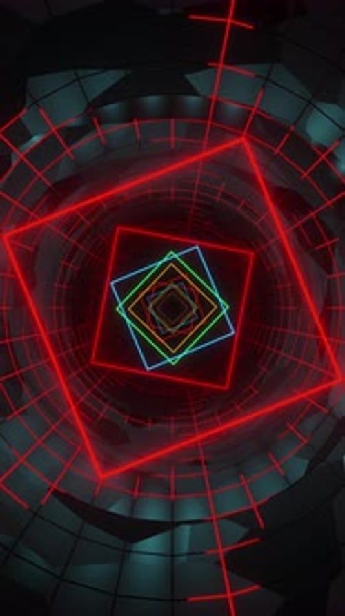 Multicolored neon squares glowing in tunnel. Looped animation