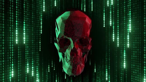 Digital Skull Rotation with Falling Binary Code in Futuristic Style