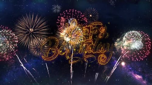 Feliz aniversário, texto, tipografia, partículas, fogos de artifício, explosão, faíscas, fundo do céu noturno