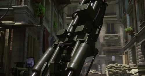 Pièce d'artillerie détaillée positionnée dans une rue urbaine étroite pendant un conflit