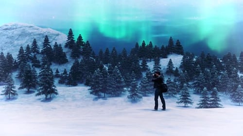 3D Animation the Northern Lights with a Man Taking Photos of Snowy Landscape.