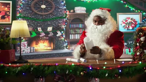 African American Saint Nick Opening Letters From Children in Festive Workshop