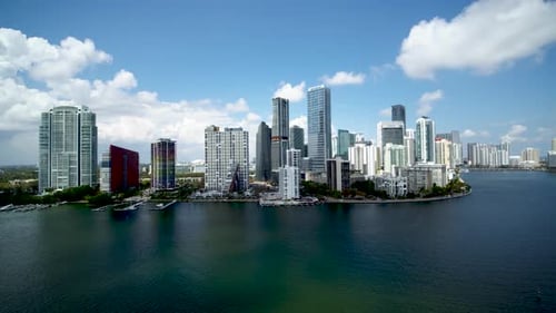 Downtown Miami skyscrapers sparkle in a stunning aerial drone flight