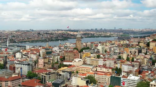 Aerial drone view of Istanbul, Turkey. Multiple residential buildings around the Galata tower, Golde