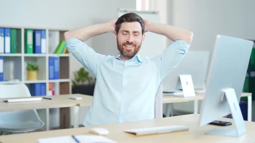 Employee job done Satisfied office worker leaning back businessman relaxing after hard working day