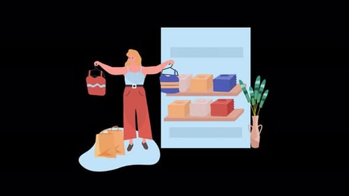 Woman Shopping for Clothes in Flat Design Style Animation