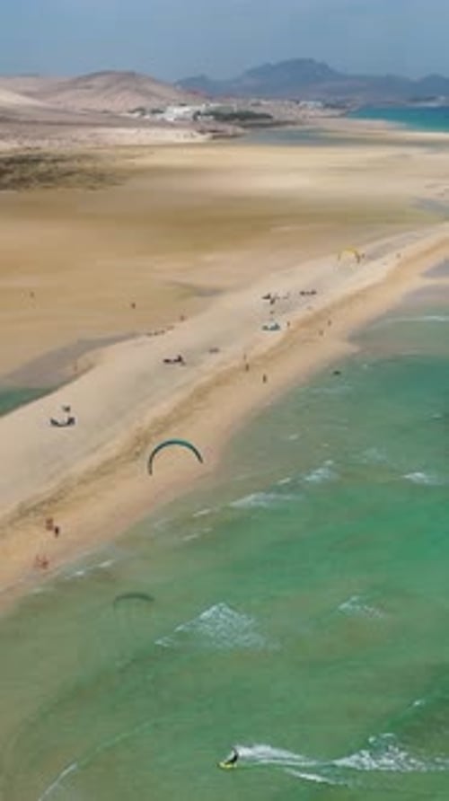 Aerial shot of Sotavento Beach in Fuerteventura with turquoise water