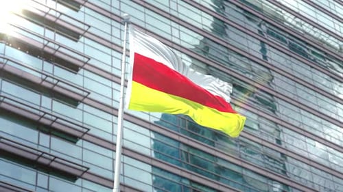 Realistic Waving Flag on Pole in Corporate Building Setting