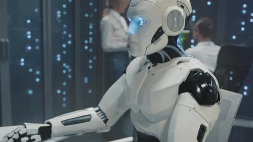 Robot Typing on Keyboard in Futuristic Workplace Setting