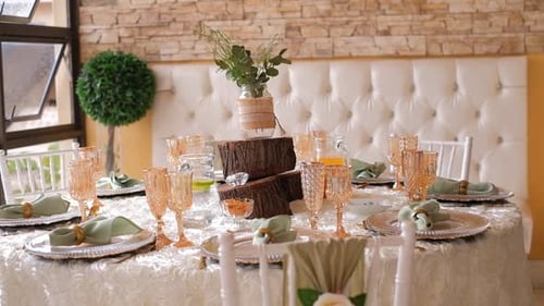 Classic Glasswares On A Dining Table During Wedding Reception. Close-Up Shot