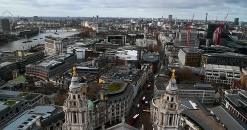 Looking down from the top of St Paul's Cathedral towards the City of London, The Thames and the Lond
