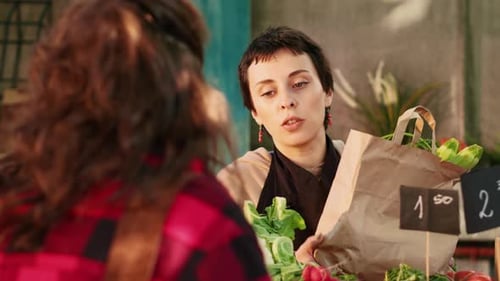 Satisfied Client Buying Bio Organic Vegetables at Farmers Market