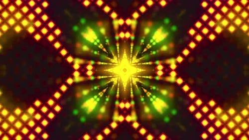 Symmetrical Kaleidoscopic Pattern Bright Yellow Green Red Lights Abstract Design Starburst Festive I
