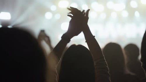 Crowd Applauding at Rock Concert with Bright Stage Lights