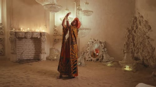 Cultura e historia de la mujer africana en traje tradicional bailando sobre la arena Hermosa dama negra en