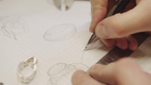Un homme dessine une bague sur une feuille de papier