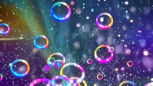 Bulles colorées irisées flottant dans l'espace avec un rayon lumineux