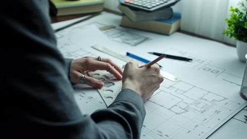 Architect Using Ruler On Blueprint At Wooden Table Workspace