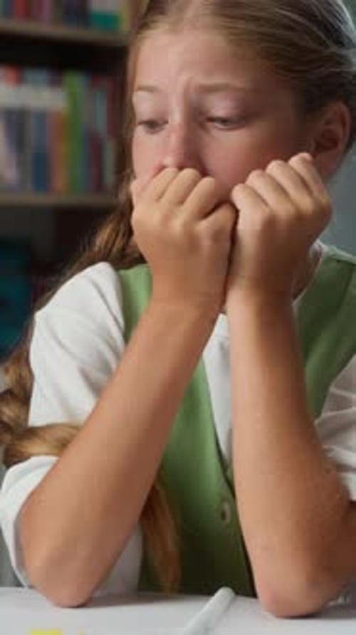 Scared Frightened Caucasian Little Girl Child Kid Feeling Panic Attack with Studying Learning