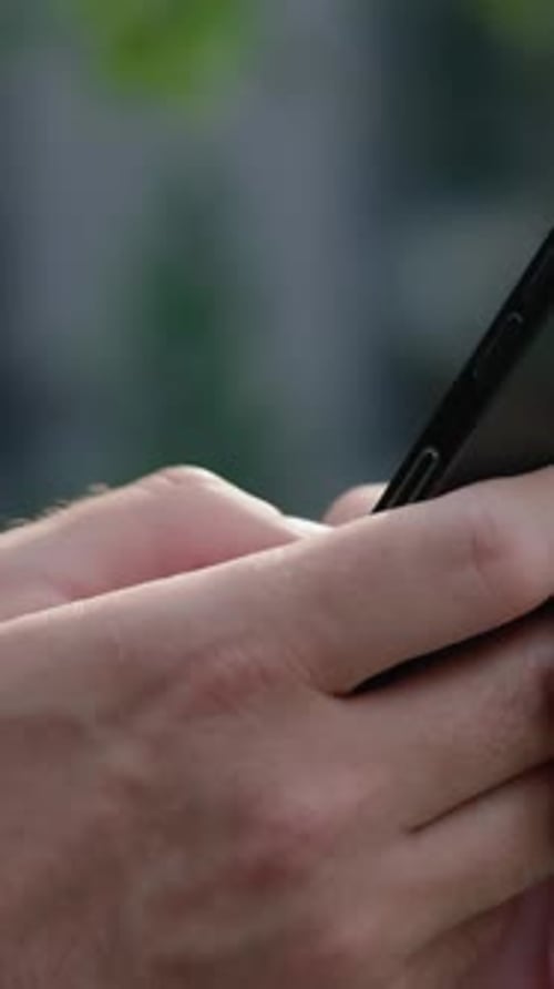 Close Up Caucasian Business Man Male Hands Typing Smartphone Outside City Texting Online Message