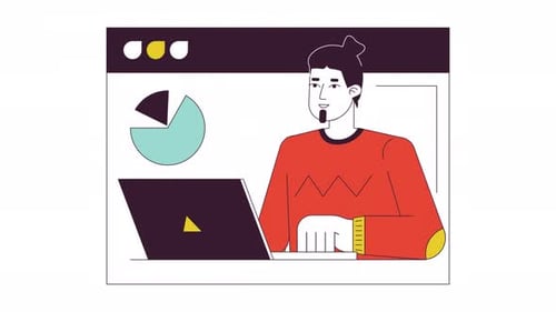 Office man in online meeting screen line 2D animation