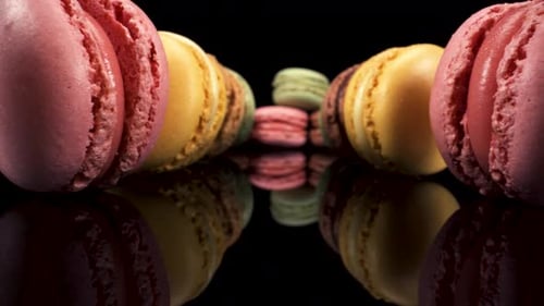 Macro view moving past macarons on black reflective glass, sweet tasty desserts interesting low down