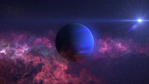Rotating Blue Planet in Cosmic Nebula Background