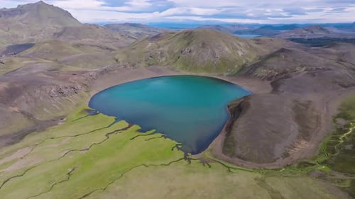 Aerial view of lake and mountains, Iceland.