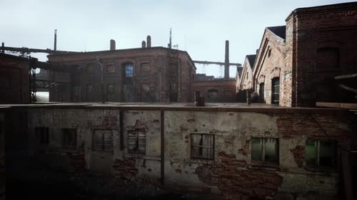 Abandoned Factory Complex with Collapsing Brick Structures Over Time