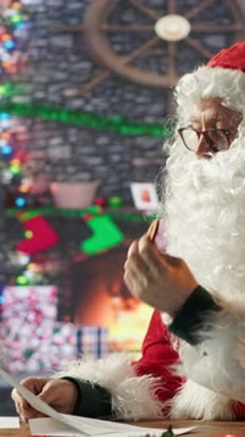 Vertical Video Saint Nicholas Serving Gingerbread Biscuits While He Reads Letters From Kids