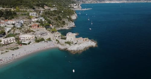 Aerial view of Erchie beach and tower, Italy.