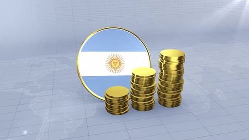 Argentina Flag With Plain Gold Coins Tower