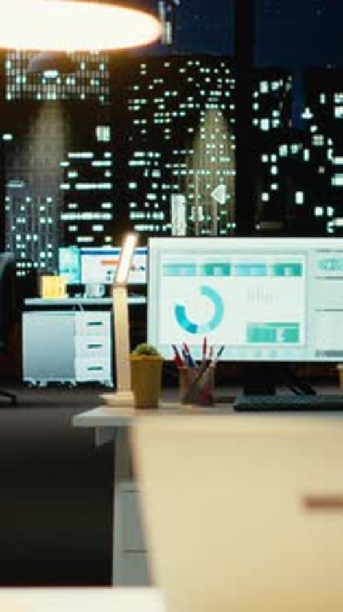 Vertical Video Luxurious Modern Office Space with Dual Monitors and Laptop