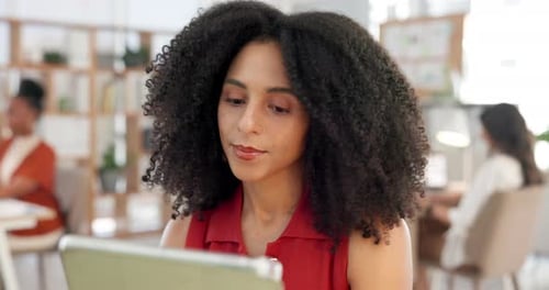 Tablet, thinking and woman with typing in office for journalist, ideas and creative story