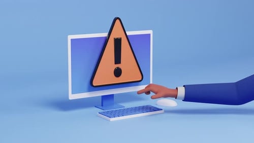 Computer monitor with error sign on screen. 3d render animation. Exclamation mark, warning sign