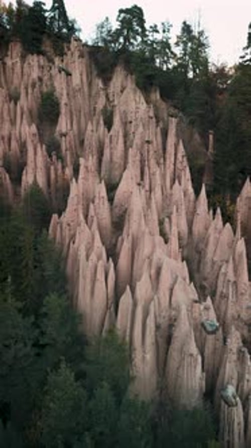4k vertical footage of Earth pyramids nestled in a pine forest, Dolomites, Italy