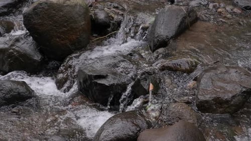 Slow motion, river water, rocky environment, serene idyllic scenery