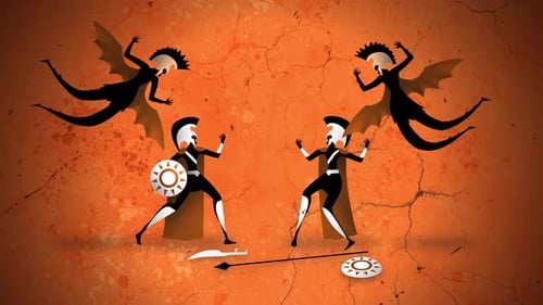 Animated Spartan Warriors Face Shadowy Mythical Creatures
