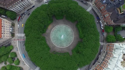 Drone shot of Karlaplan Park, Square and Fountain, located in the city of Stockholm, Sweden.