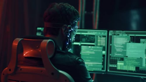 Rückansicht eines Mannes, der futuristisches Headset mit LED-Beleuchtungsprogrammen verwendet, entwickelt Code