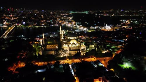 Curved Aerial Panorama of Suleymaniye Mosque and the Golden Horn