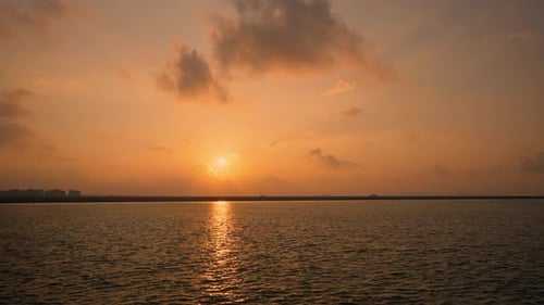 Golden Sun Shining Over The Yellow Sea From Incheon In South Korea. - wide shot, bird silhouette fly