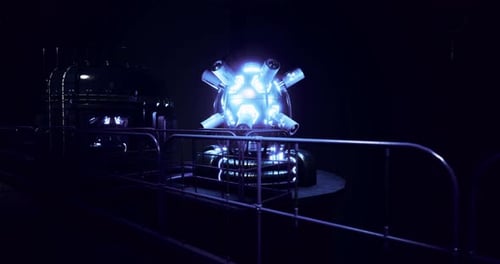 Futuristic Energy Core Illuminated in a Dark Industrial Environment