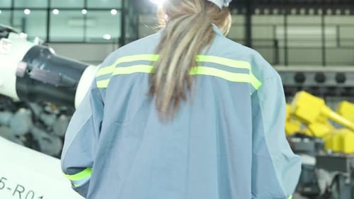 A female engineer installs a program on a robotics arm in a robot warehouse.