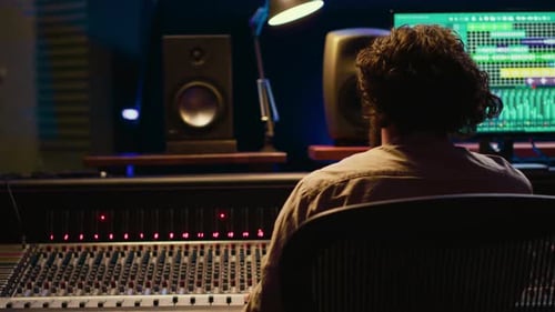 Sound Engineer Recording and Editing Tracks in Control Room