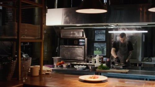 Chef Cooking Food in Restaurant Kitchen