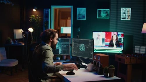Man Working on Computer in Dark Home Office