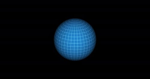 Tilted Futuristic Blue Hologram Sphere With A Grid Slowly Rotates Against Black Background
