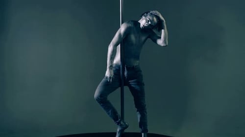 Pole Dance Sexy Man Dancing on Pylon Sexy Slim and Muscular Male Body Flexible Man Gymnastic Dancer