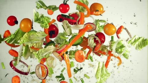 Fresh Salad Ingredients in Mid-Air with Water
